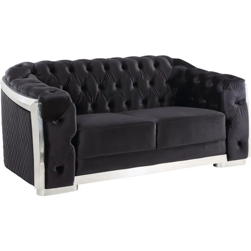 Bowery Hill Contemporary Black Velvet Loveseat Chrome Finish