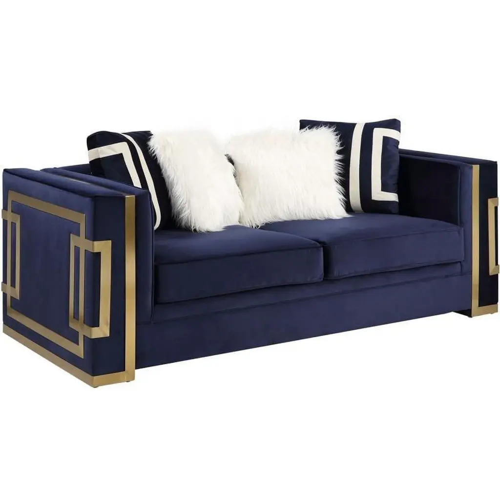 Bowery Hill Contemporary Loveseat 4Pillows Blue Velvet Gold Finish