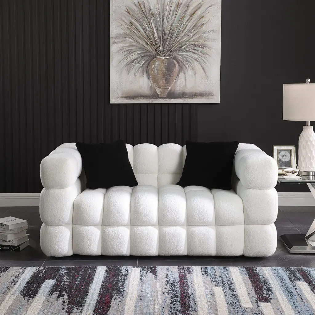 Boucle White Marshmallow Sofa - 2 Seater Love Seat Square Arms - Eucalyptus Wood Frame - Modern Living Room Furniture HATN...
