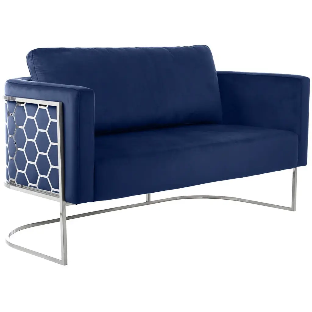 Maklaine Contemporary Velvet Upholstered Loveseat Soft Navy Chrome Elegant Living Room Sofa