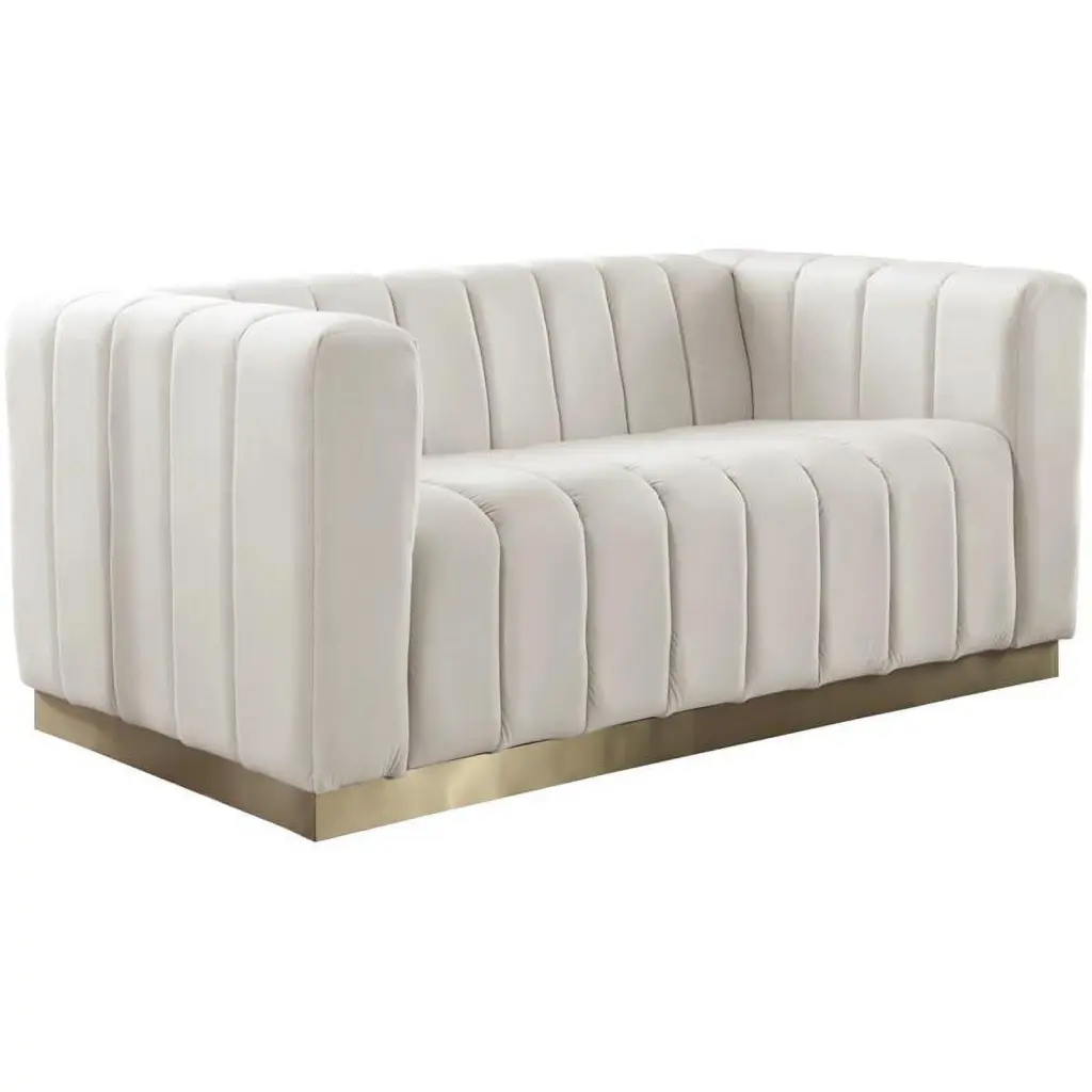 Pemberly Row Contemporary Velvet Stainless Steel Loveseat Cream Brushed Gold