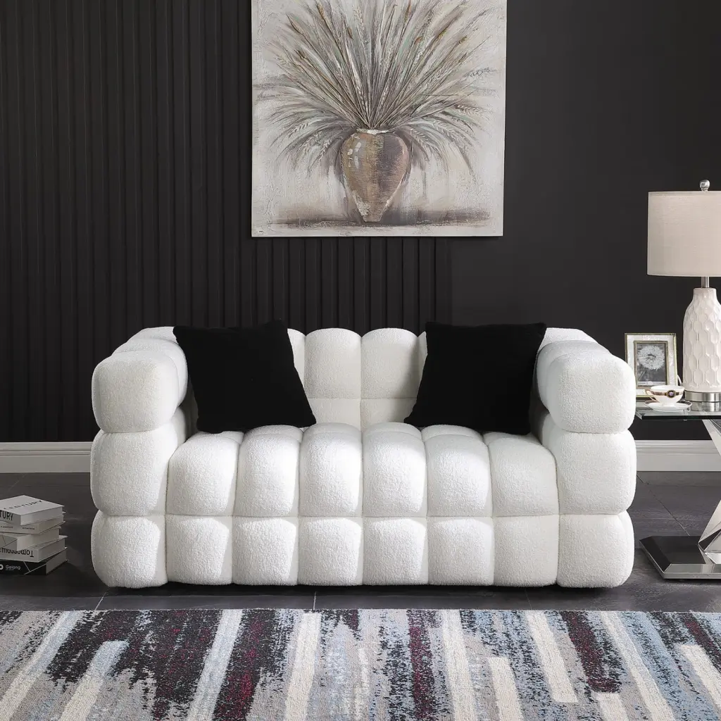 White Boucle Marshmallow Sofa - 2 Seater Love Seat Square Arms - Eucalyptus Wood Frame - Contemporary Living Room Furnitur...