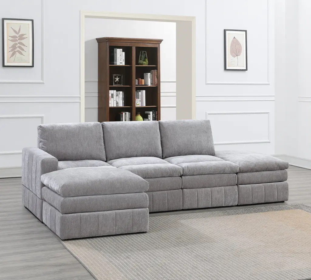 DeeHome Contemporary 5pc Modular Sectional Set Granite Color Morgan Fabric - Plush Living Room Furniture