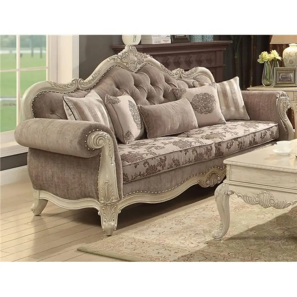 ACME Ragenardus Sofa Gray Fabric Antique White Finish Acme Furniture