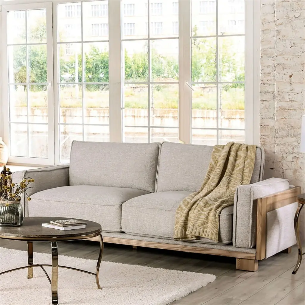 Bowery Hill Contemporary Fabric Upholstered Sofa Light Brown