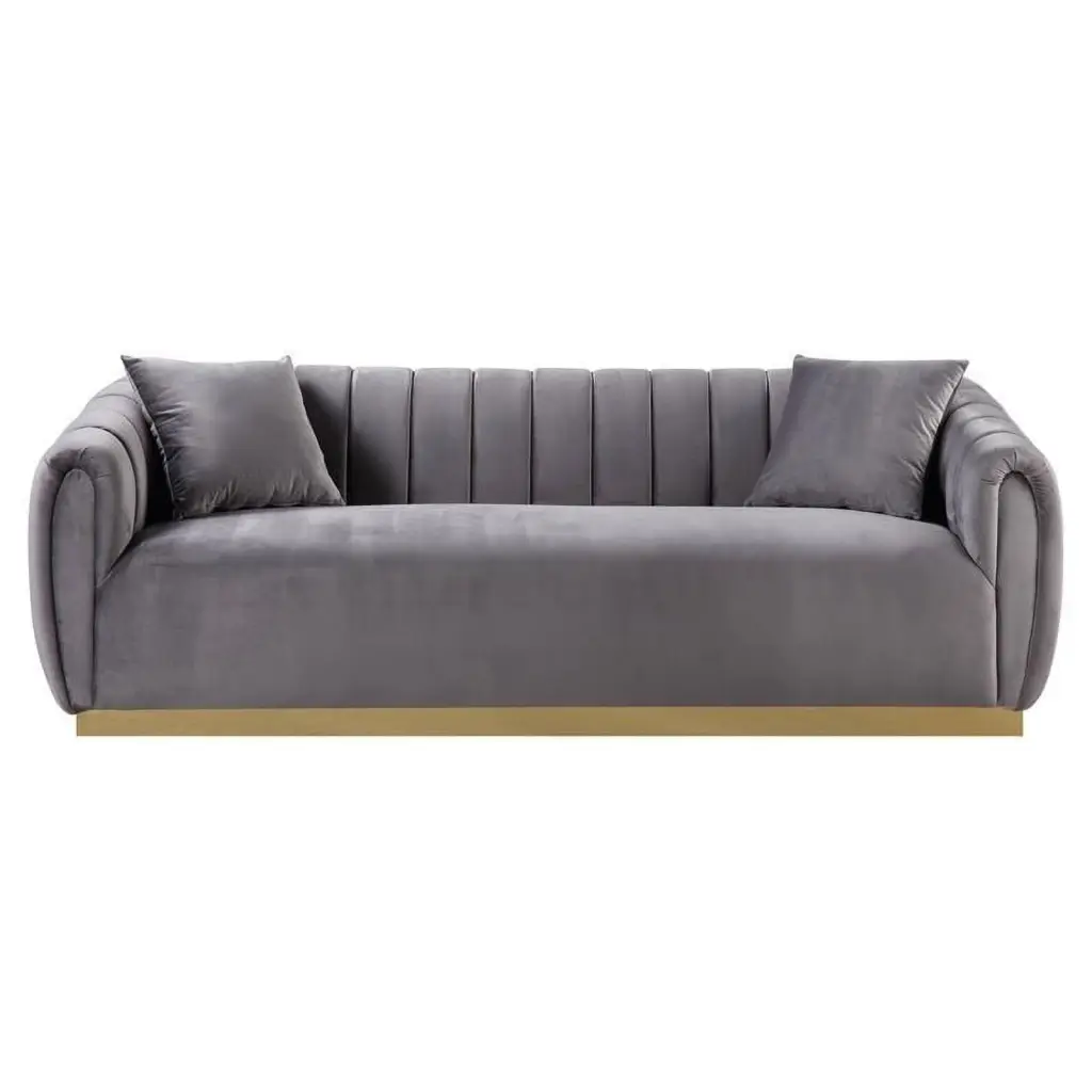 Bowery Hill Contemporary Sofa 2 Pillows Gray Velvet and Gold Finish