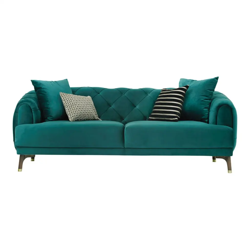 Enza Home Navona Green Brass Wood and Vibrant Fabric Sofa Contemporary Design