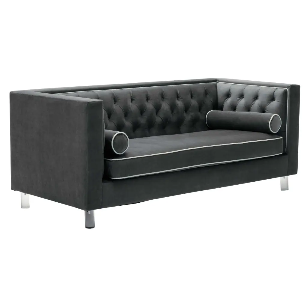 Contemporary Polyester Velvet Fabric Upholstered Button Tufted Living Room Tuxedo Sofa 2 Lumbar Pillows and Clear Acrylic ...