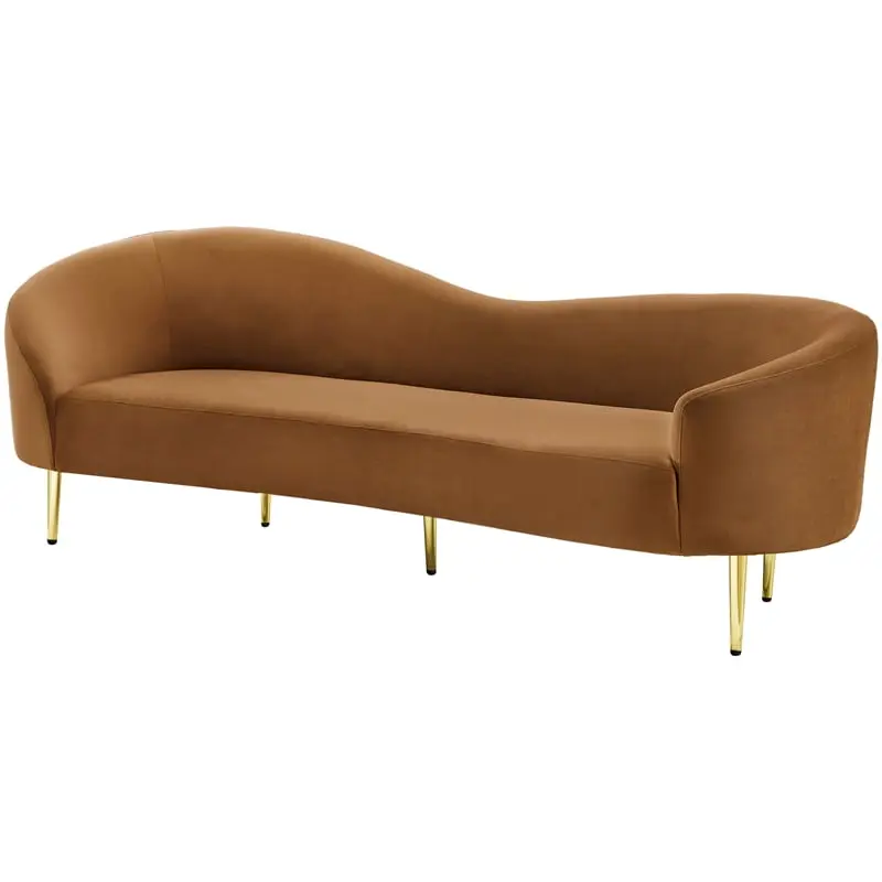Maklaine Contemporary Rich Saddle Velvet Sofa Brown Gold Metal Legs