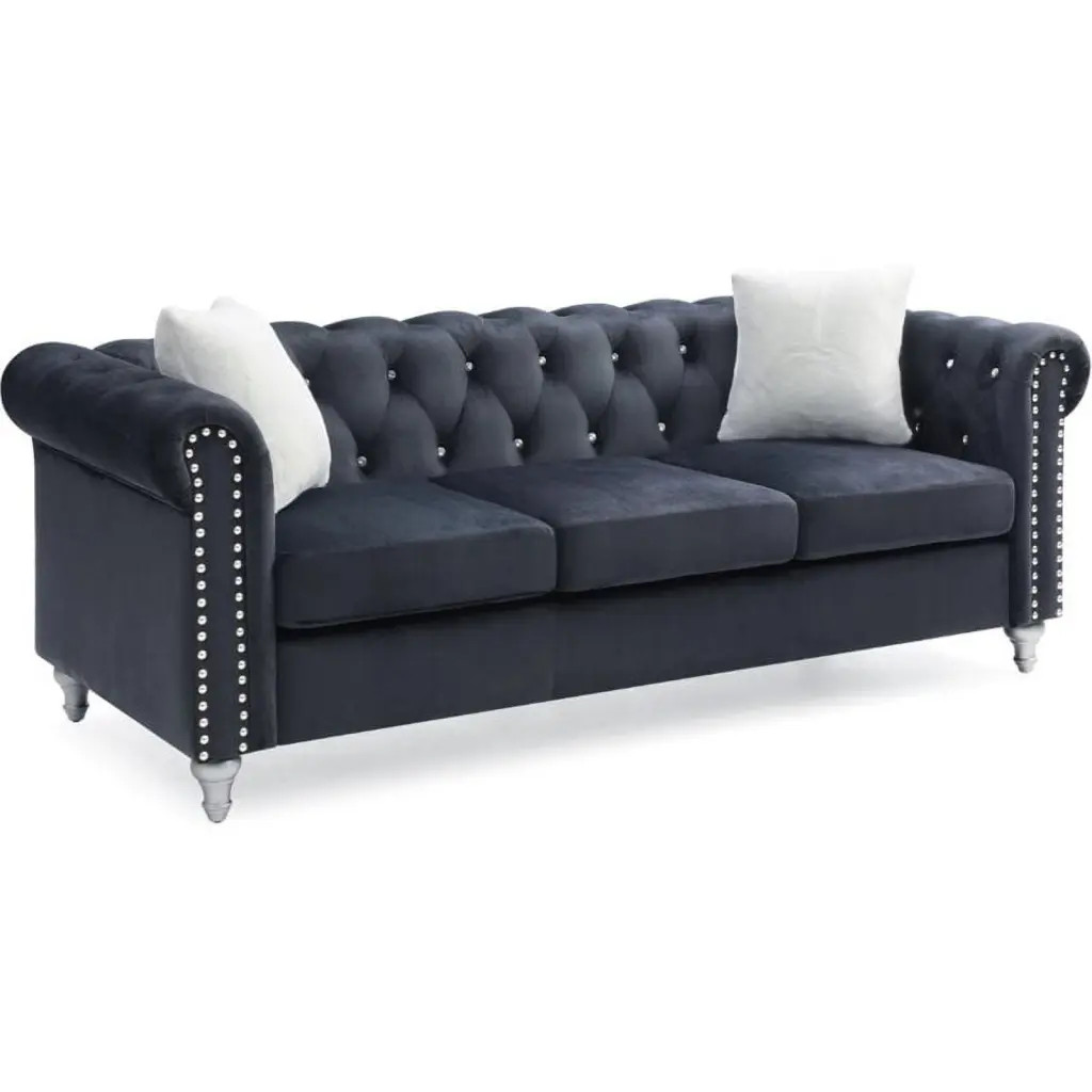 Maklaine Contemporary Velvet Sofa Tufted Faux Jewels Black