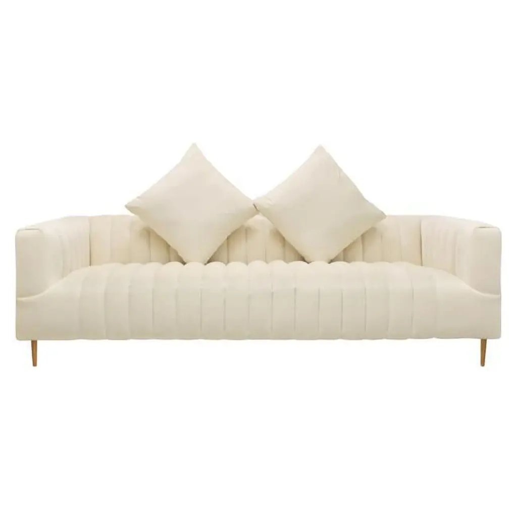 Ruth Sofa Ivory Velvet Gold Tone Metal Legs and 2 Toss Pillows MOTI Furniture