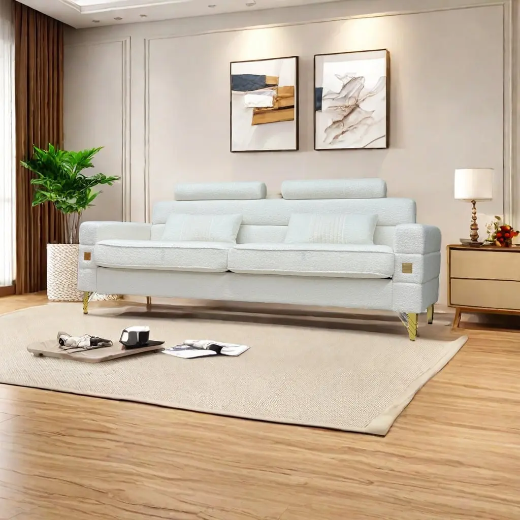 Elegant White Imitation Wool Circle Fabric Sofa Gold Legs OMCCHK