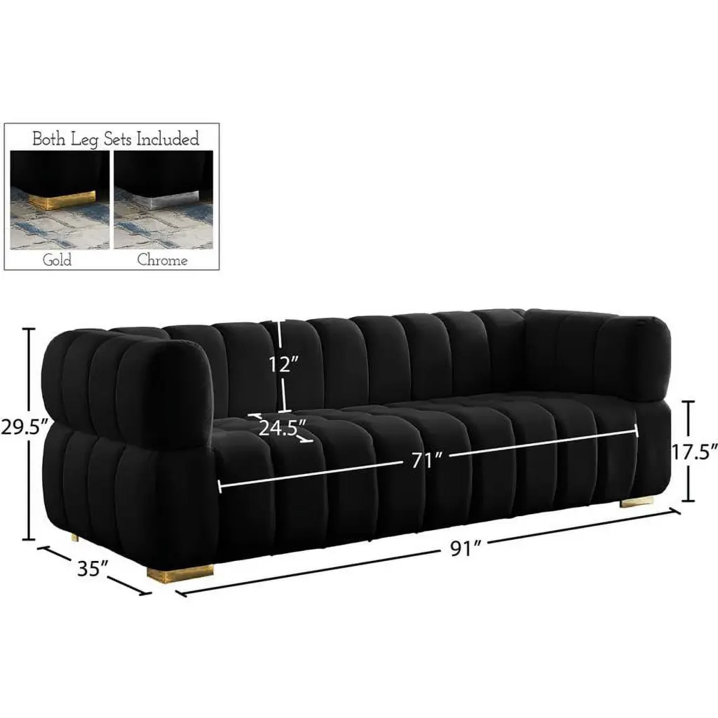 Pemberly Row Black Velvet Sofa 2 Sets Legs Contemporary Style