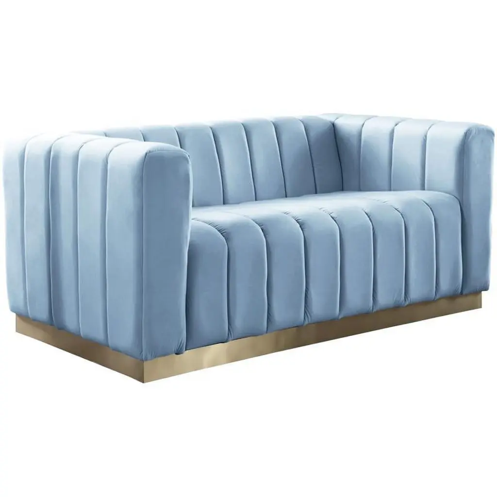 Maklaine Contemporary Velvet Stainless Steel Loveseat Sky Blue Brushed Gold