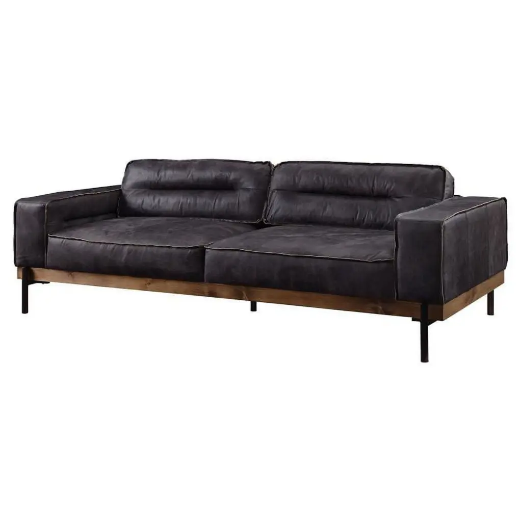 Bowery Hill Contemporary Top Grain Leather Sofa Track Arm Antique Ebony