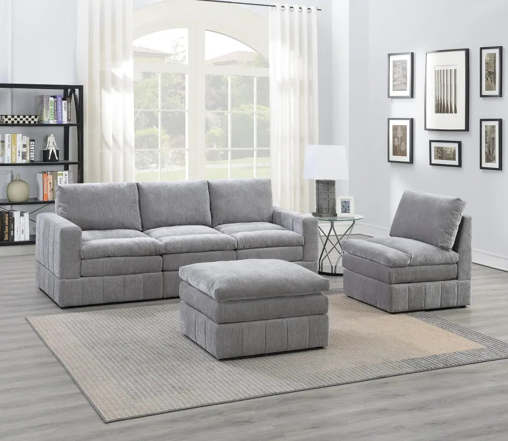 DeeHome Contemporary 5pc Modular Sectional Set Ottoman Granite Morgan Fabric Plush