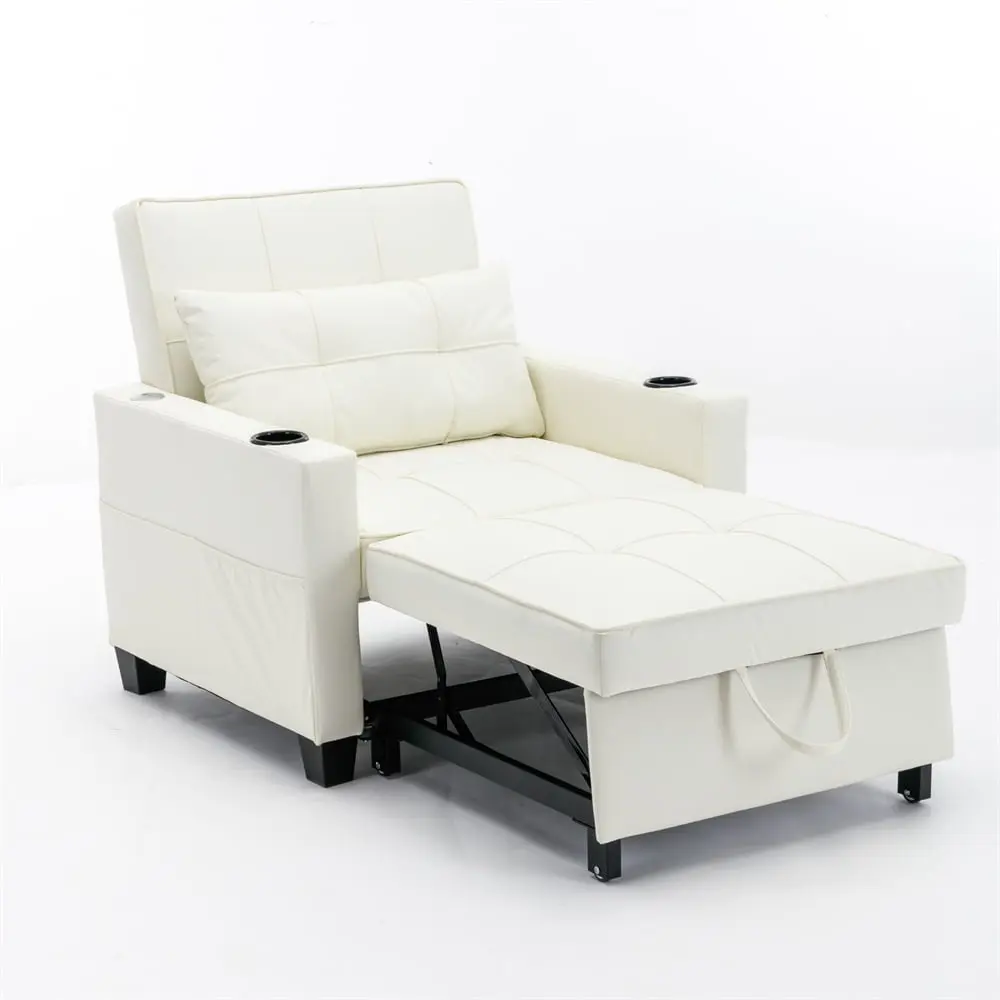 White Leather Convertible Sleeper Sofa Bed 3--1 USB Ports and Adjustable Backrest ARCTICSCORPION