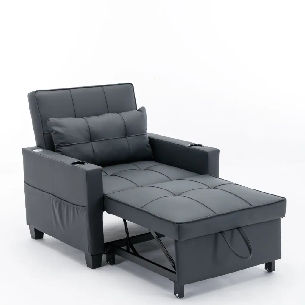 Black Leather Futon Chair Bed Convertible 3--1 Pull Out Sleeper USB Ports OMCCHK