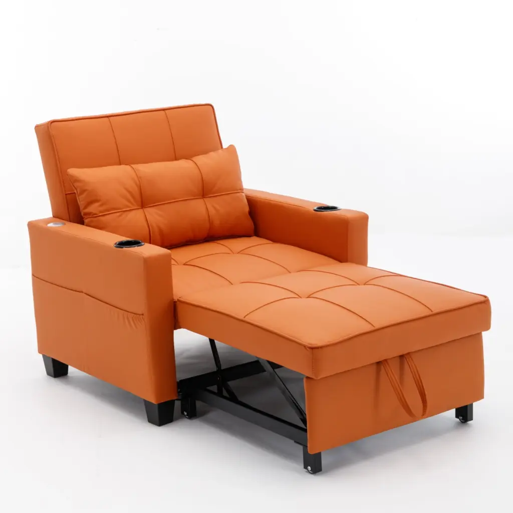 Orange Leather 3--1 Futon Chair Bed USB Ports and Adjustable Backrest Ponnky