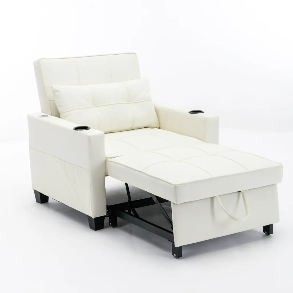 White Leather 3--1 Futon Chair Bed USB Ports - Versatile Convertible Armchair Wodine