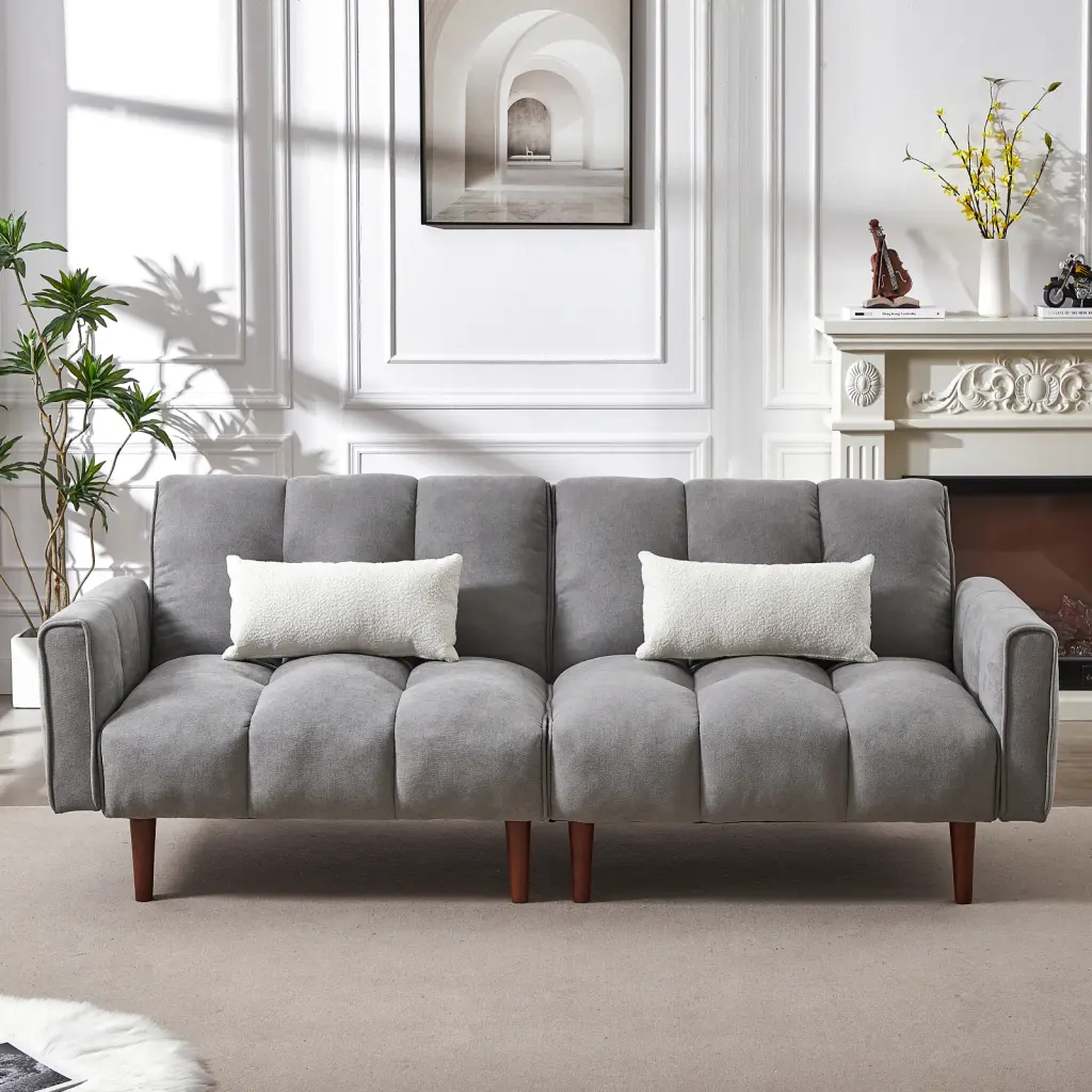 Convertible Futon Sofa Bed - Adjustable Couch Sleeper Modern Fabric Linen Upholstery Wooden Legs & 2 Pillows - Perfect Apa...