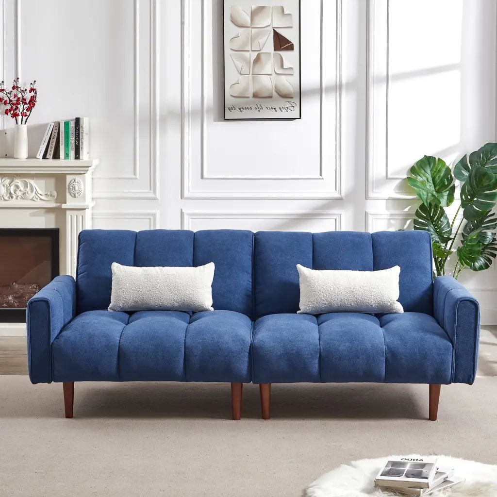 Convertible Futon Sofa Bed - Adjustable Couch Sleeper Modern Fabric Linen Upholstery Wooden Legs & 2 Pillows - Ideal Apart...