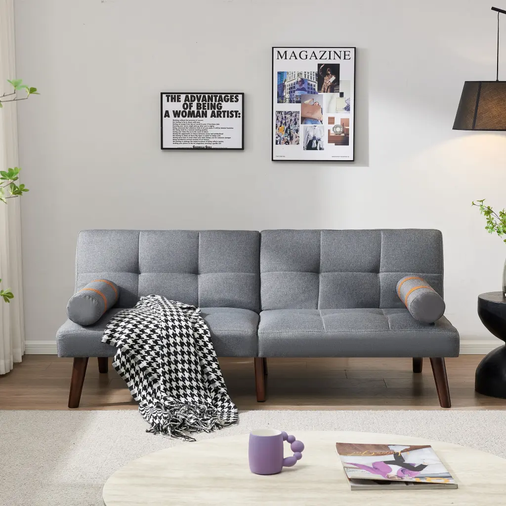 CoSoTower Grey Linen Convertible Sofa Bed Futon Solid Wood Legs - Comfortable Support