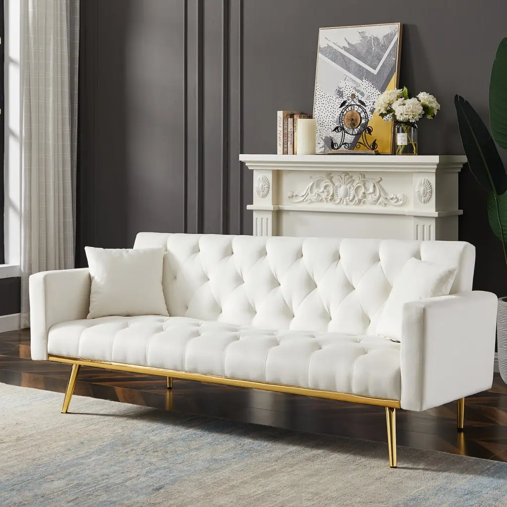 Convertible Cream White Velvet Futon Sofa Bed - Tufted Sleeper Couch Compact Living Spaces HATNOKIL