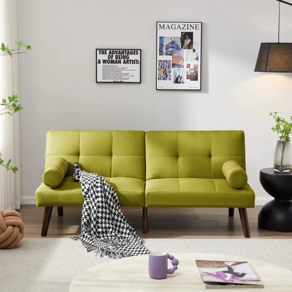 Mustard Green Convertible Sofa Bed Futon Solid Wood Legs - 2--1 Linen Fabric Sleeper HATNOKIL