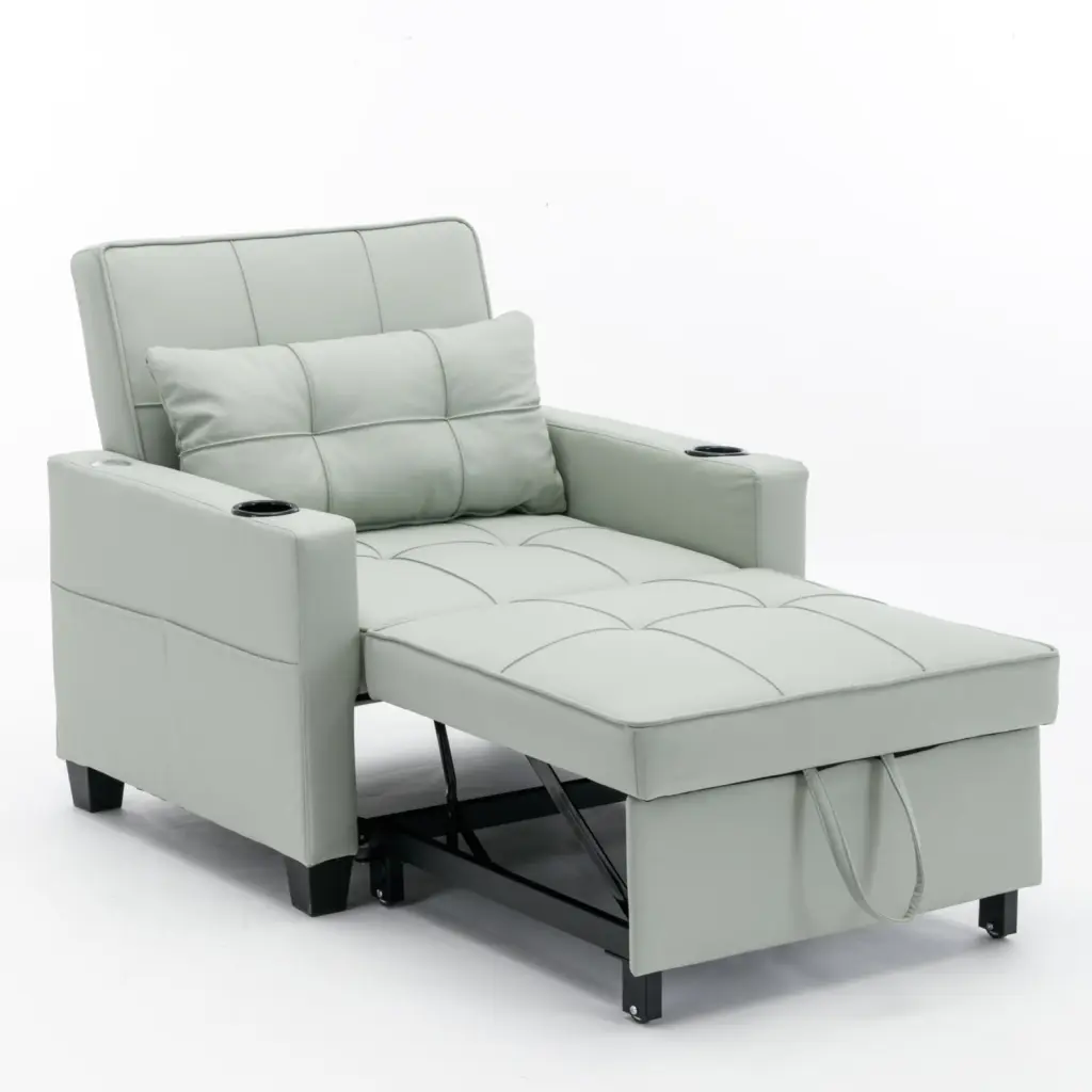 Green Leather 3--1 Futon Chair Bed USB Ports - Convertible Armchair Living Room Wodine