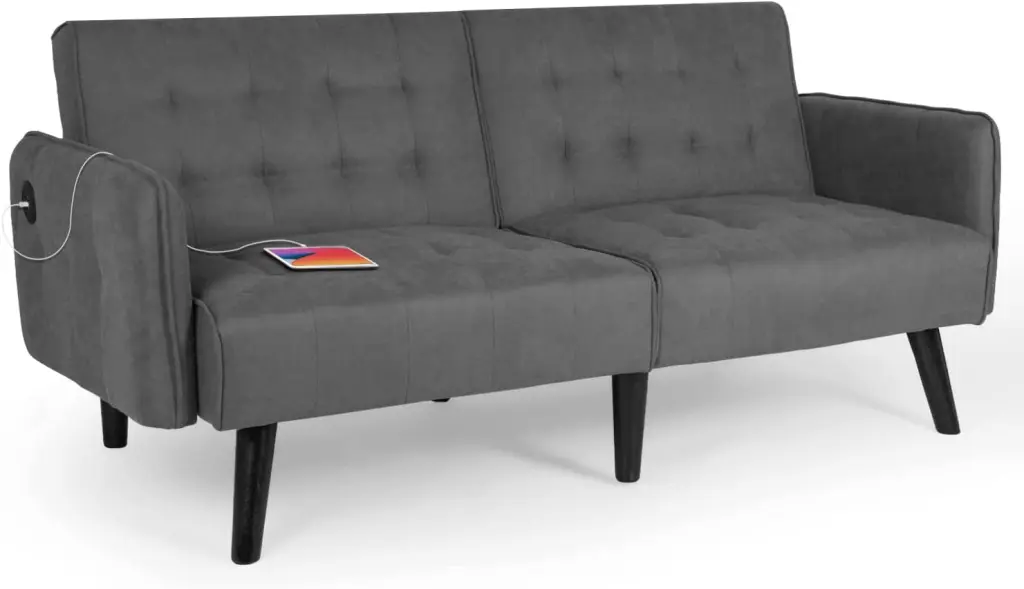 65in Modern Fabric Linen Upholstered Convertible 2 USB Folding Futon Couch Sofa Bed Small Space Dorm Living Room Dark Grey WW