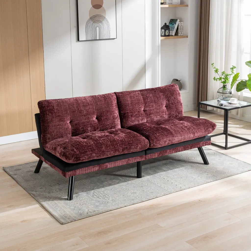 Wine Red Convertible Sofa Bed Luxurious Chenille Loveseat Futon Small Living Areas Ponnky