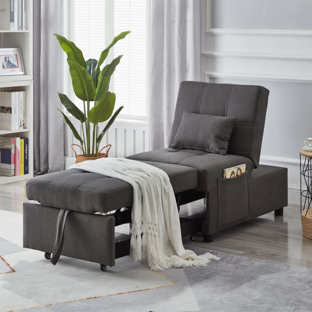 Grey Linen Fabric Convertible Recliner Chair Bed Wood and Metal Frame Living Room and Bedroom Ponnky