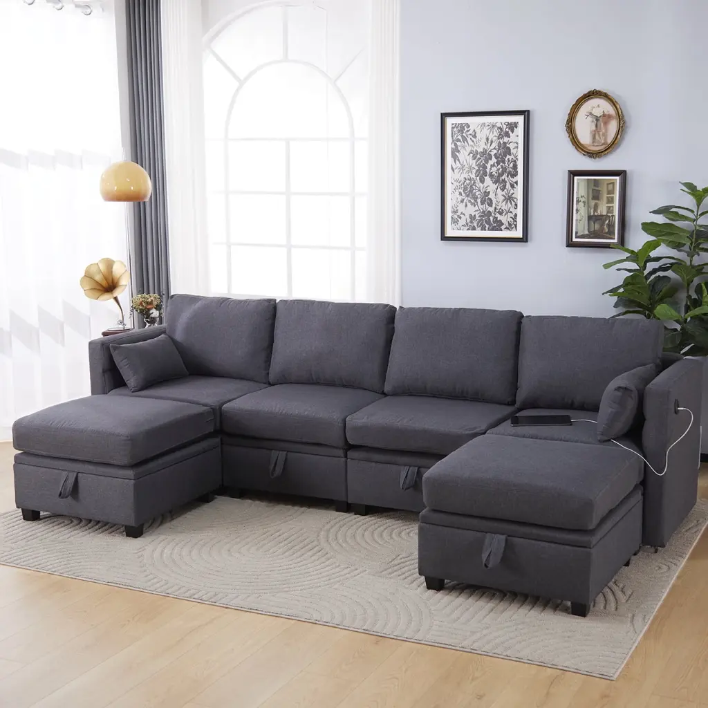 Modular Sectional Couch Reversible Ottoman Convertible Sectional Sofa Chaise and USB Small Space Modern U Shaped 6 Seat Co...