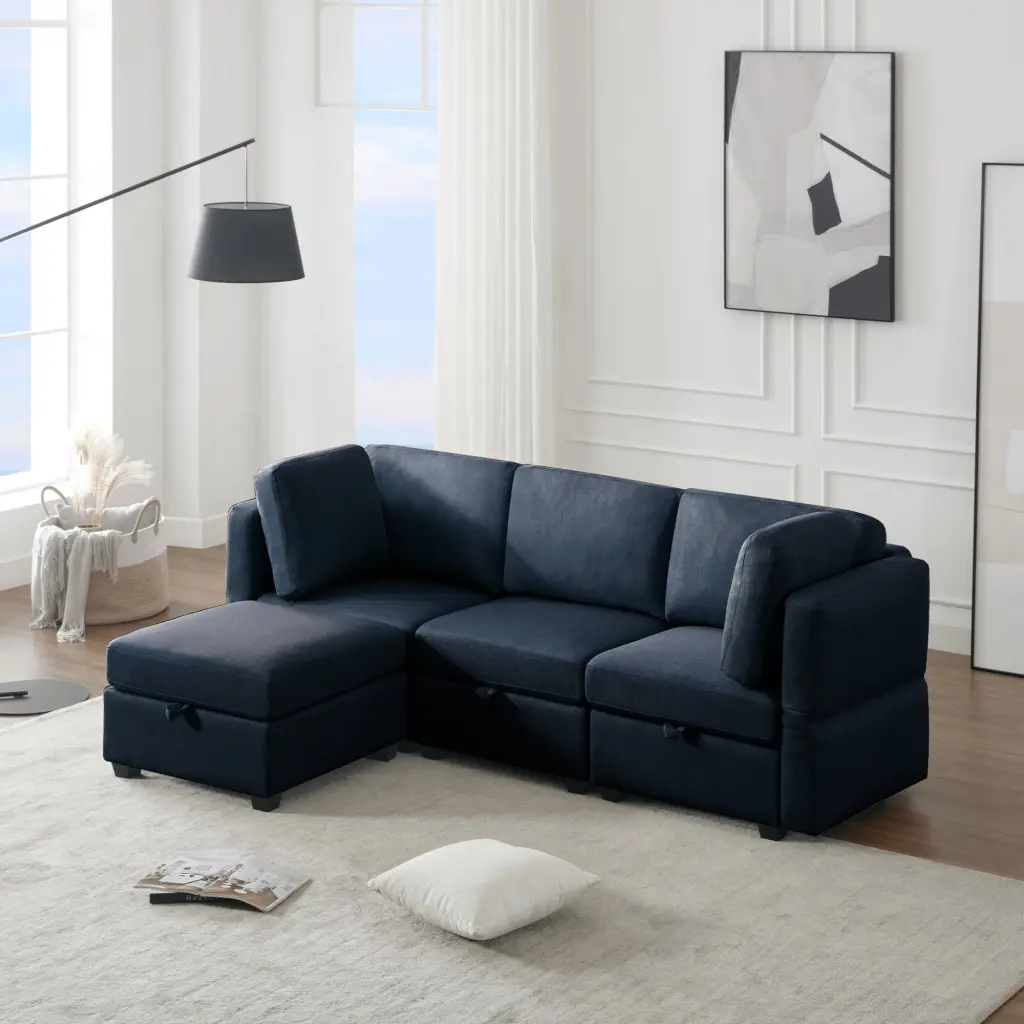 DeeHome Convertible L-Shaped Sectional Sofa Storage Seats Blue