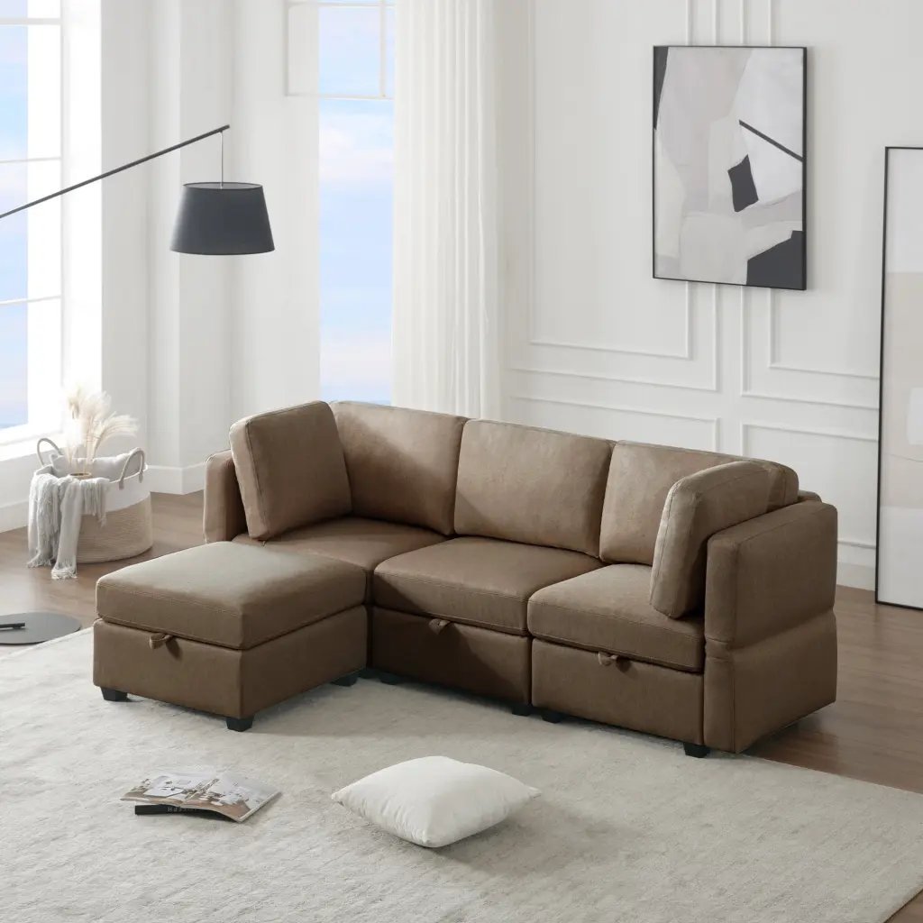 DeeHome Convertible L-Shaped Sectional Sofa Storage Seats Brown