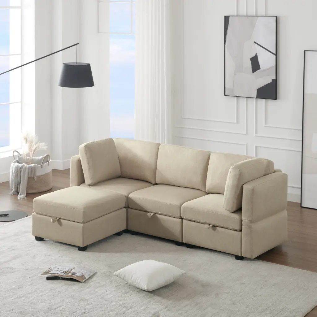 DeeHome Convertible L-Shaped Sectional Sofa Storage Seats Beige