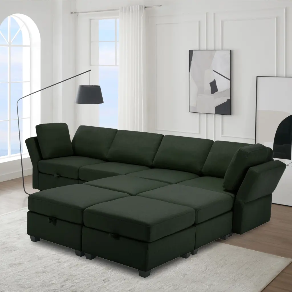 DeeHome Modular Convertible U Shaped Sectional Sofa Storage Ottoman Adjustable Arms and Backs Green
