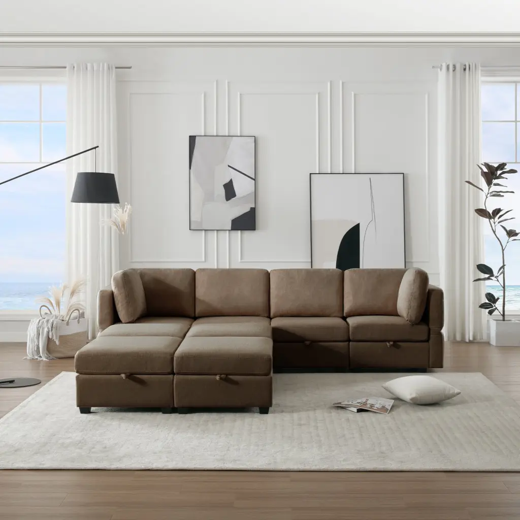 DeeHome Modular Convertible U Shaped Sectional Sofa Storage Ottoman Adjustable Arms and Backs Brown