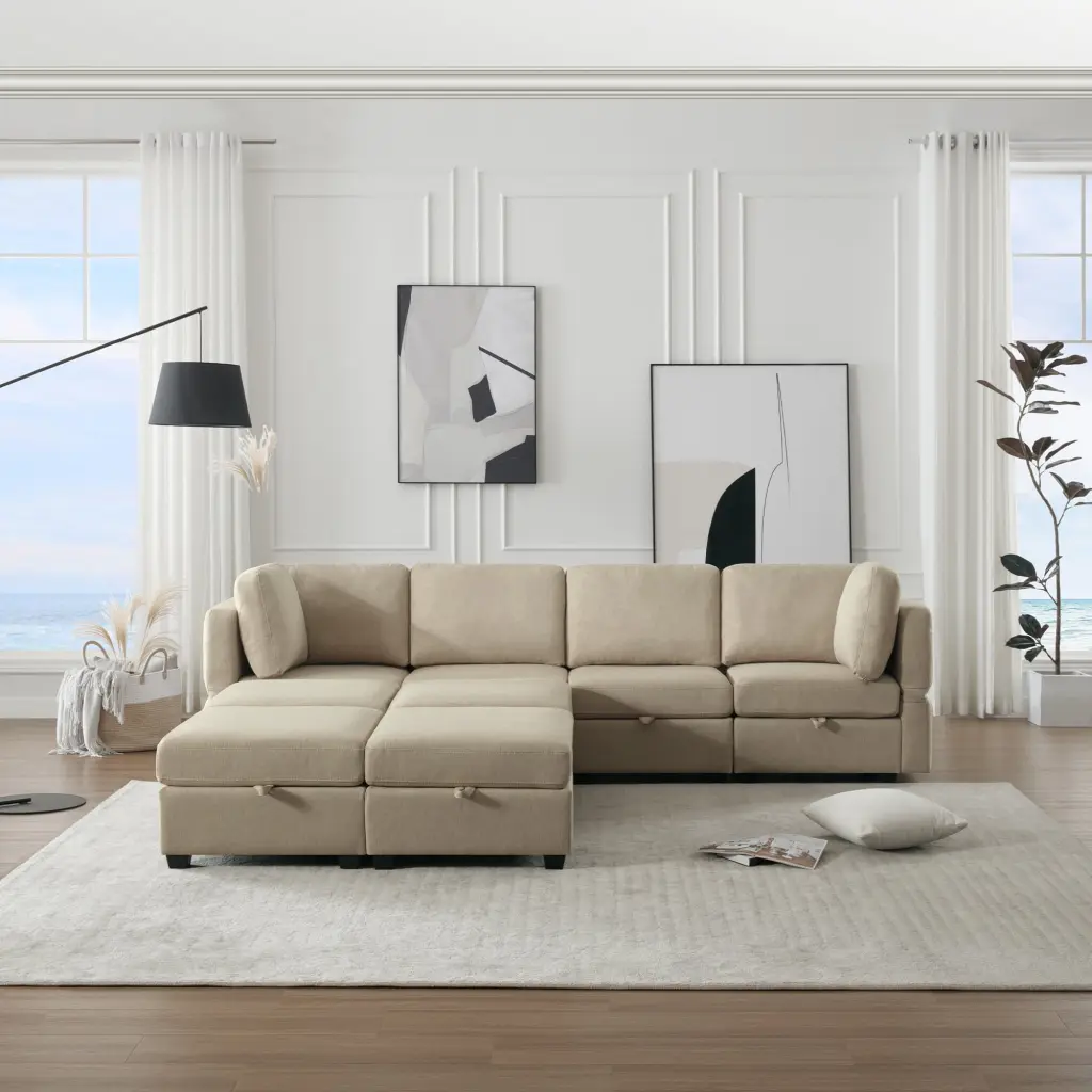 DeeHome Modular Convertible U Shaped Sectional Sofa Storage Ottoman Adjustable Arms and Backs Beige