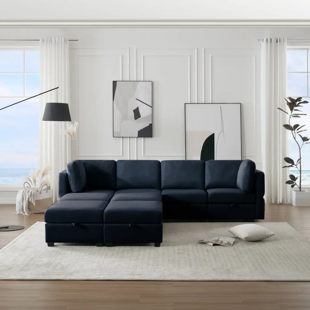 DeeHome Modular Convertible U Shaped Sectional Sofa Storage Ottoman Adjustable Arms and Backs Blue