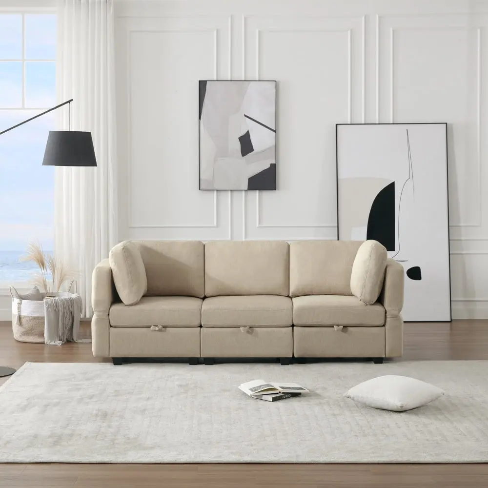 DeeHome Oversized Beige Modular Sectional Convertible Fabric Sofa Set Storage Seats