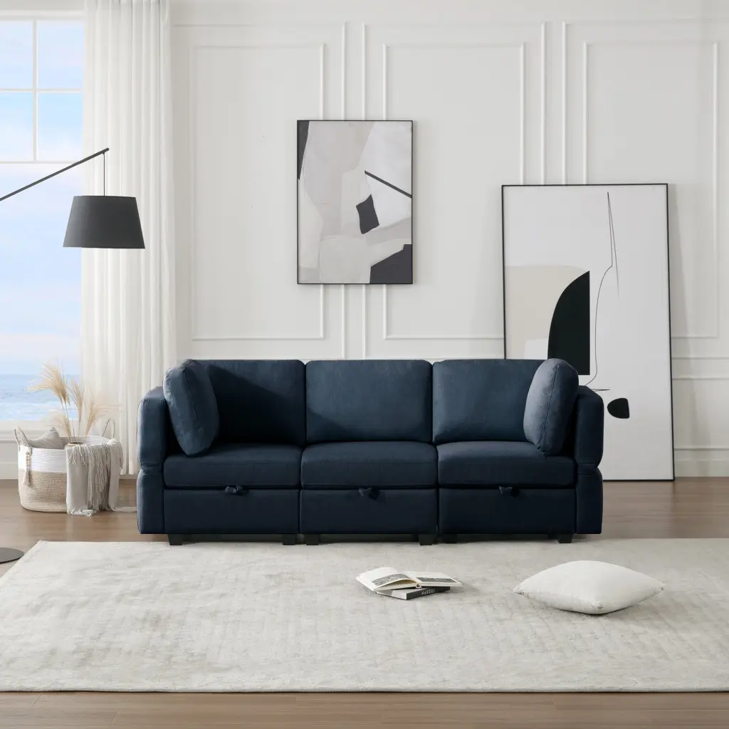 DeeHome Oversized Blue Modular Sectional Convertible Fabric Sofa Set Storage Seats