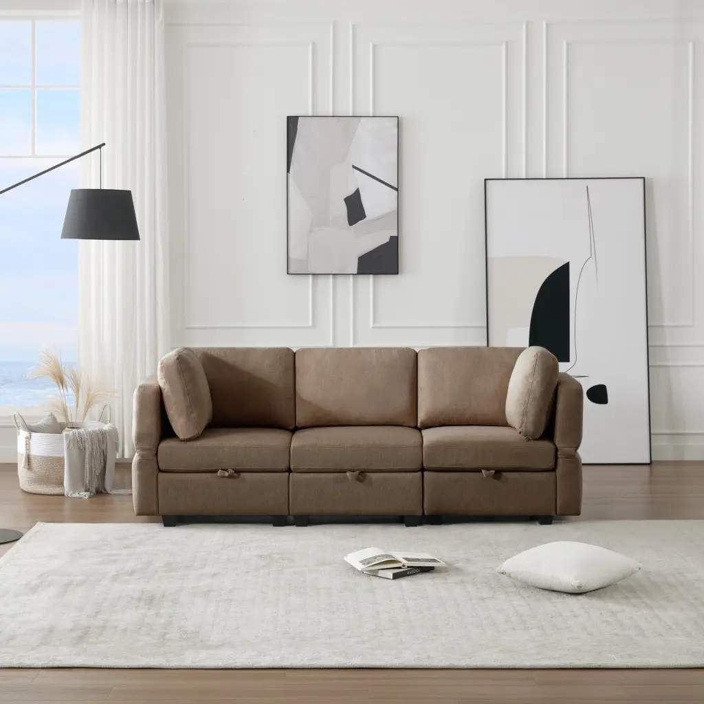 DeeHome Oversized Brown Modular Sectional Convertible Fabric Sofa Set Storage Seats