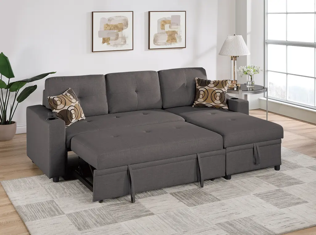 Ash Black Convertible Sectional 2-Piece Set Dorris Fabric Tufted Sofa Chaise Storage and Cup Holder Esofastore