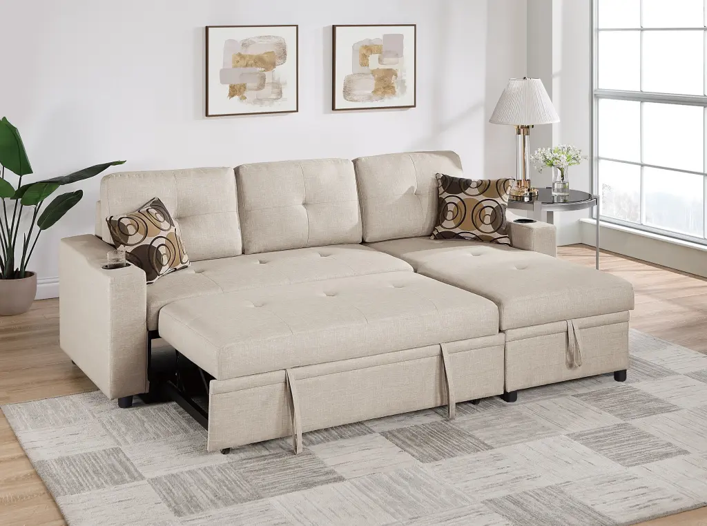 Beige Convertible Sectional 2-Piece Set Dorris Fabric Tufted Sofa Chaise Storage and Cup Holder Esofastore