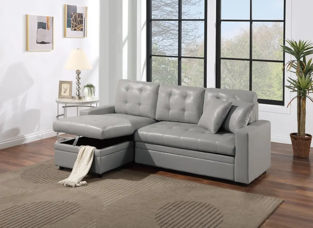 Gray Convertible Sectional 2pc Set Velvet Tufted Sofa Reversible Chaise and Storage Esofastore