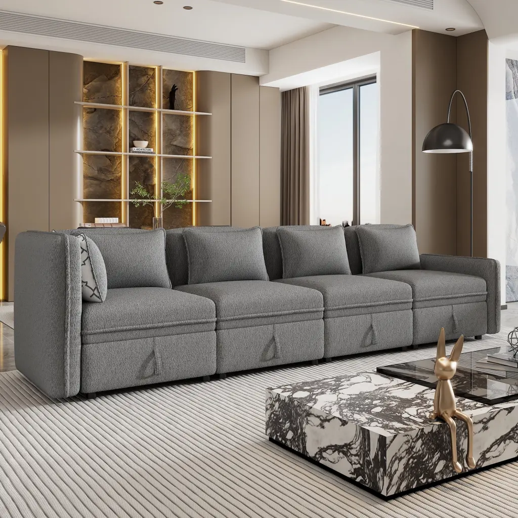 122.8 Convertible Modular Minimalist 4 Seater Sofa Gray Chenille Fabric Ghislaine