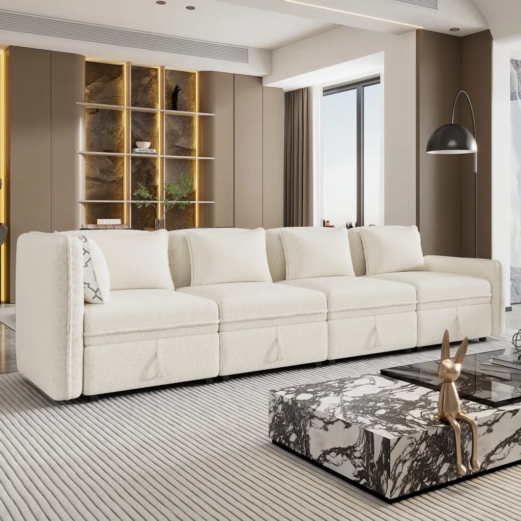 122.8 Convertible Modular Minimalist 4 Seater Sofa Cream Chenille Fabric Ghislaine