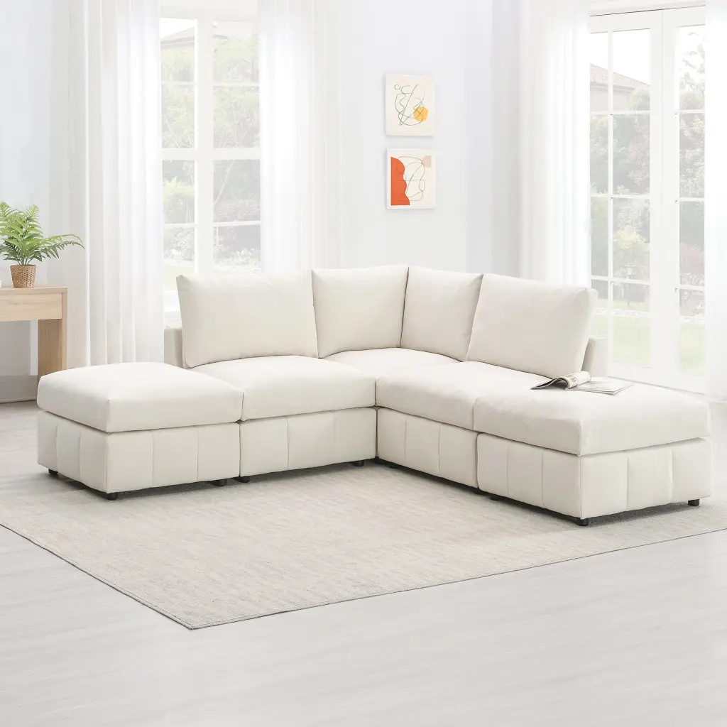 93 Inch Modern Sectional Sofa Vertical Stripes 5-Seat Armless Couch Set Convertible Ottomans Ghislaine